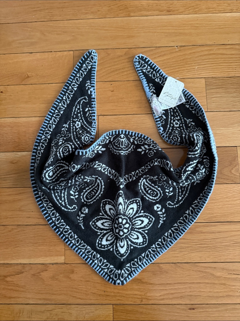 Free People Black and Light Blue Paisley Knit Bandana Scarf